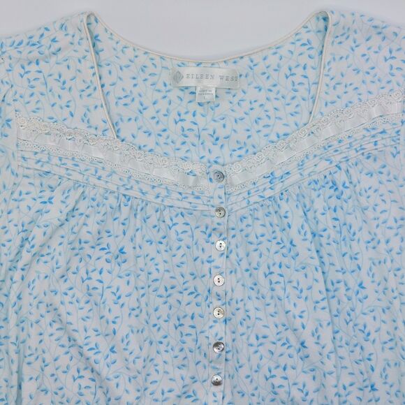 Eileen West Nightgown 100% Cotton Leafy Vines Print Women's Large Ribbon Details - Picture 1 of 8